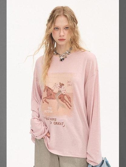 DIDDI MODA Galloping Horse Print Crewneck Long Sleeve Loose Pullover Women&