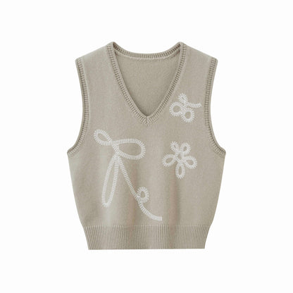 DIDDI_MODA_Glacier_Blue_Embroidered_Bow_V-neck_Knit_Vest_Women&