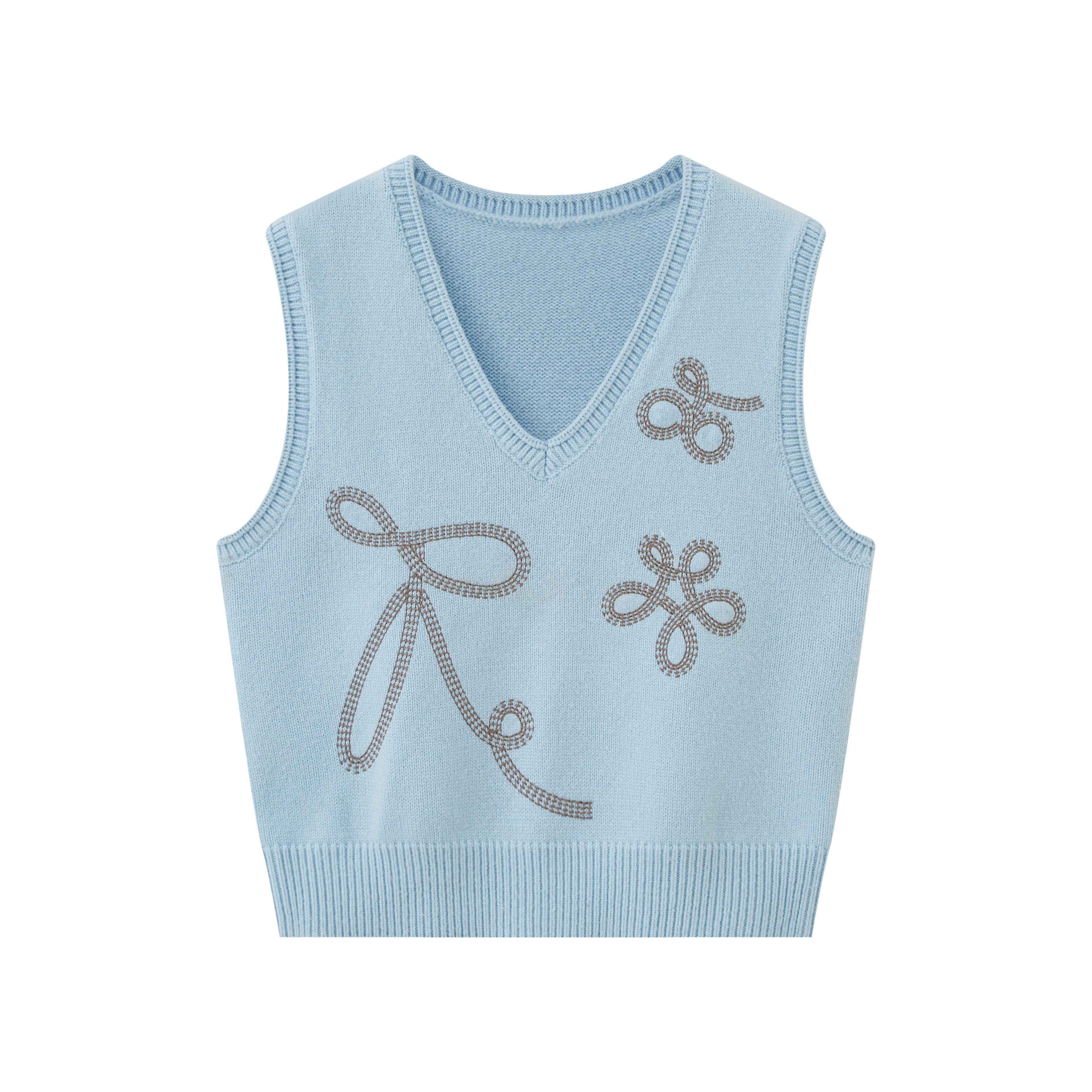 DIDDI_MODA_Glacier_Blue_Embroidered_Bow_V-neck_Knit_Vest_Women&