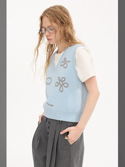 DIDDI MODA Glacier Blue Embroidered Bow V-neck Knit Vest Women&