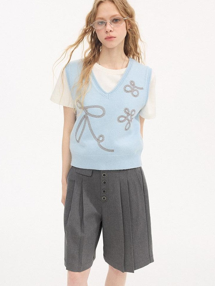 DIDDI MODA Glacier Blue Embroidered Bow V-neck Knit Vest Women&