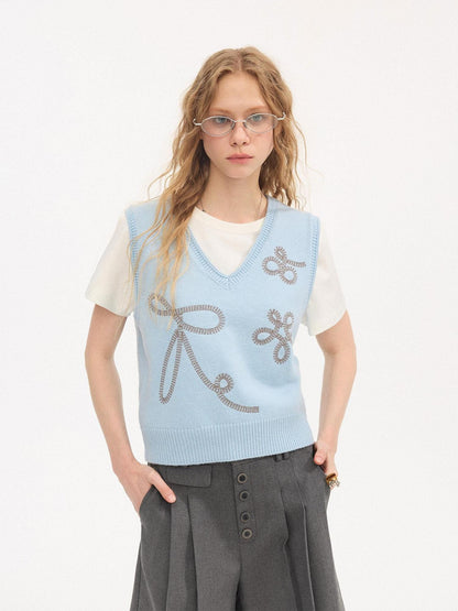 DIDDI MODA Glacier Blue Embroidered Bow V-neck Knit Vest Women&