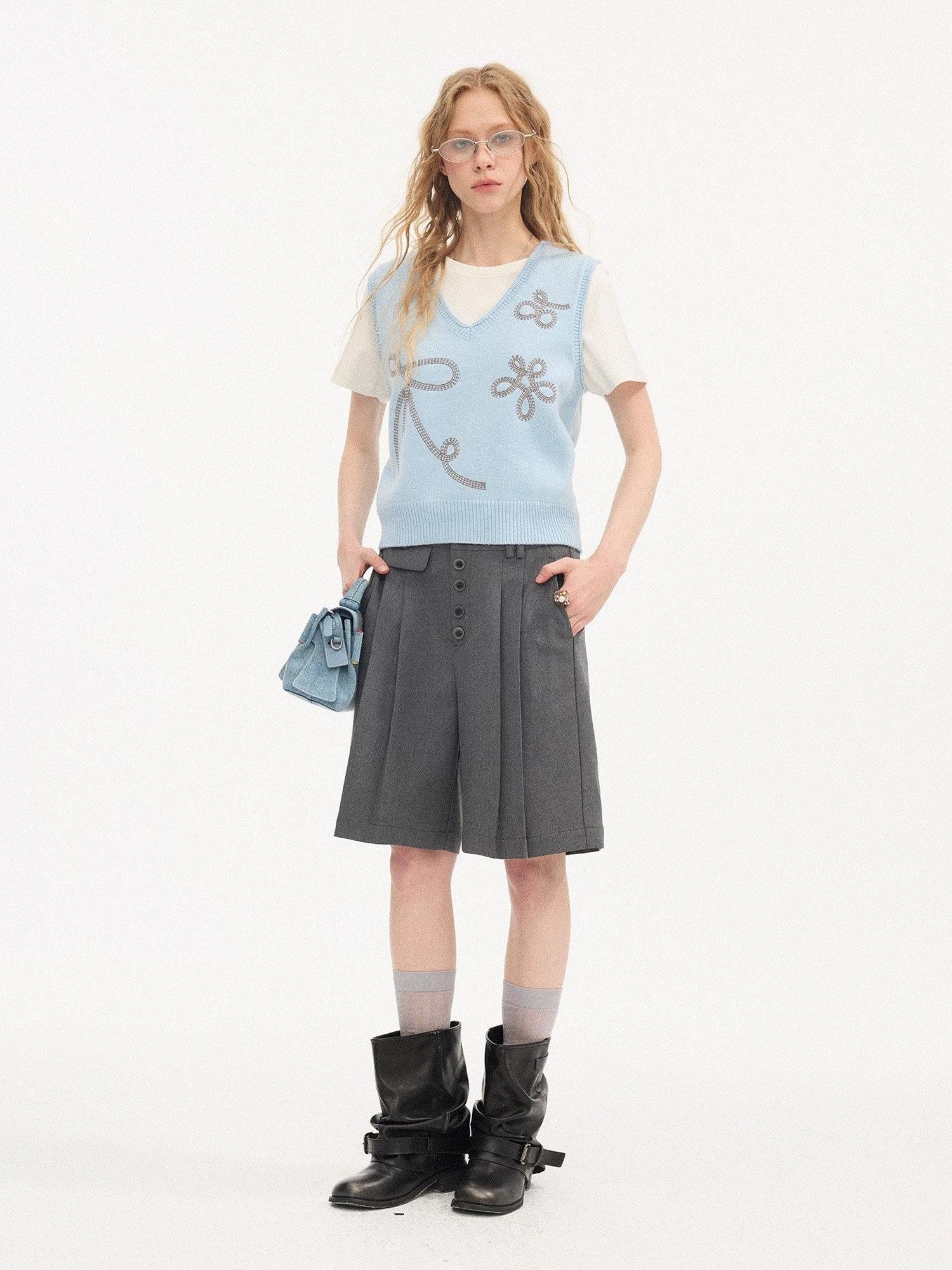DIDDI MODA Glacier Blue Embroidered Bow V-neck Knit Vest Women&