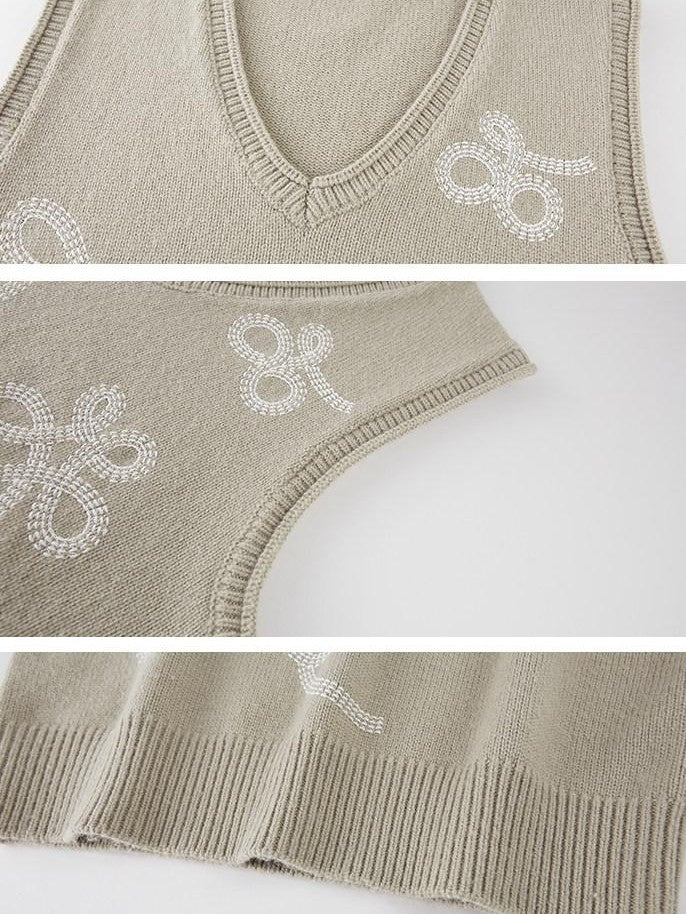 DIDDI MODA Glacier Blue Embroidered Bow V-neck Knit Vest Women&