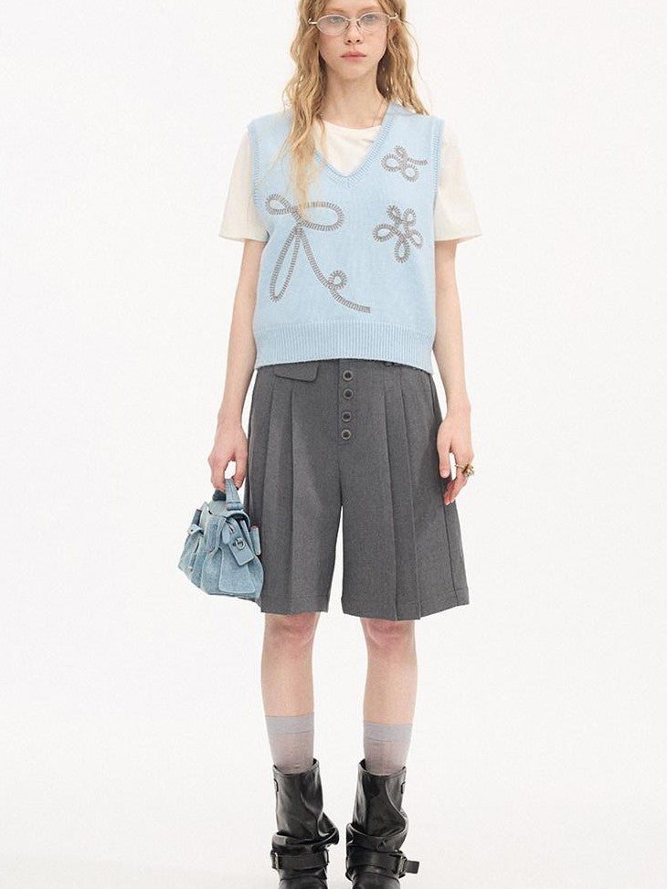 DIDDI MODA Glacier Blue Embroidered Bow V-neck Knit Vest Women&