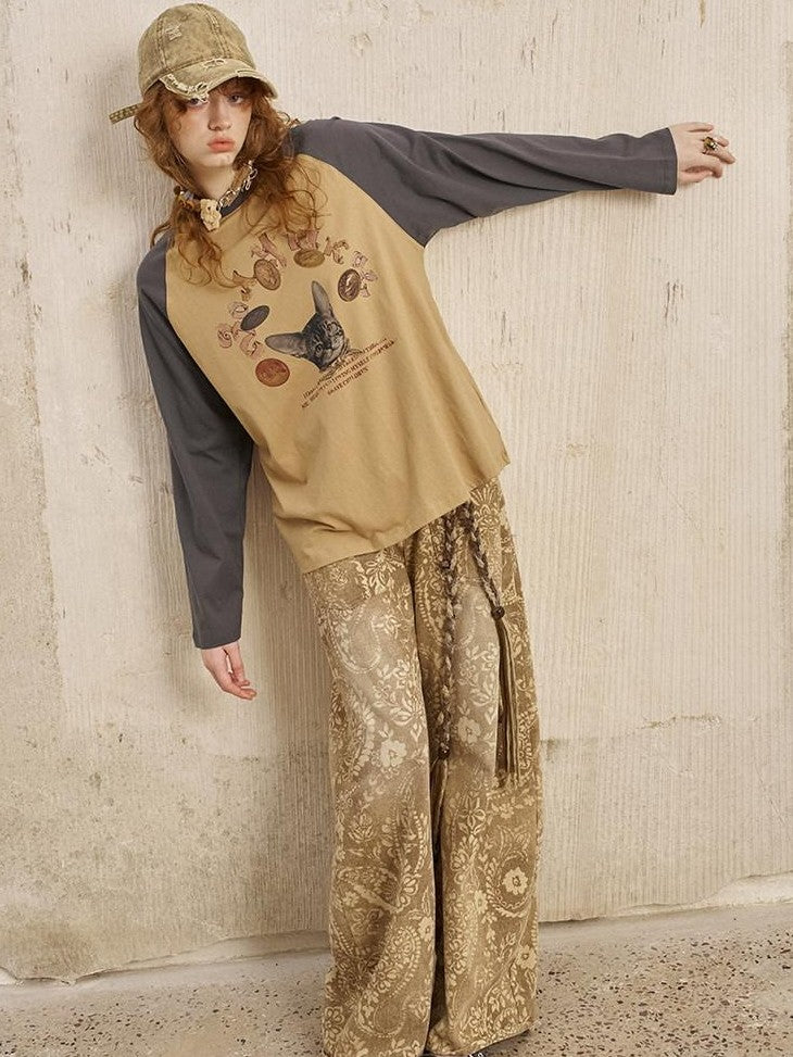 DIDDI MODA Gold Coin Cat Print Tie Waist Square Neck Women&