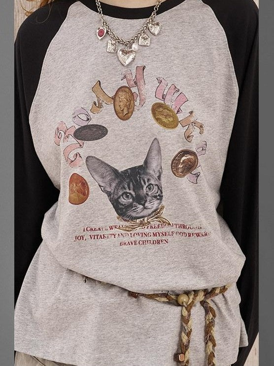 DIDDI MODA Gold Coin Cat Print Tie Waist Square Neck Women&