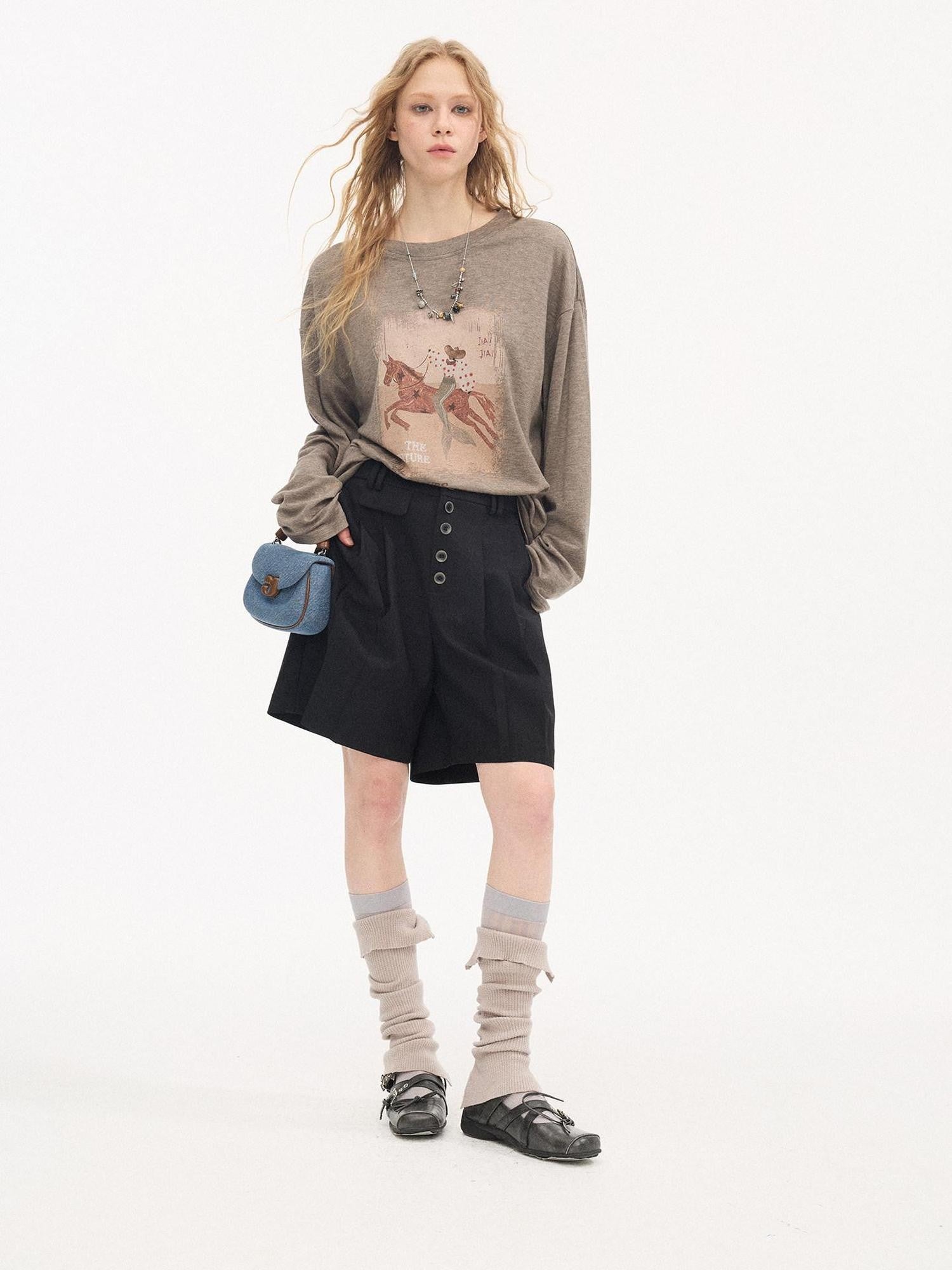 DIDDI MODA Gray Pleated Straight Natural Waist Button Front Women&