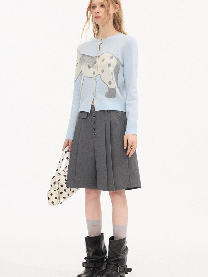 DIDDI MODA Gray Pleated Straight Natural Waist Button Front Women&