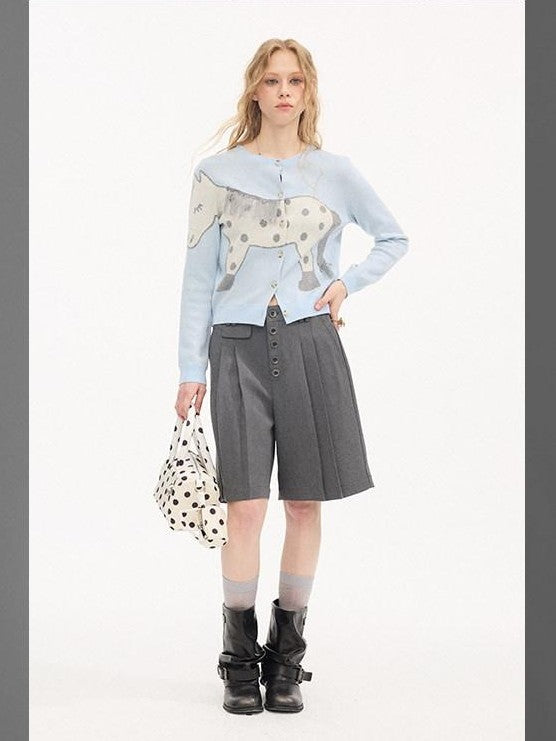 DIDDI MODA Gray Pleated Straight Natural Waist Button Front Women&