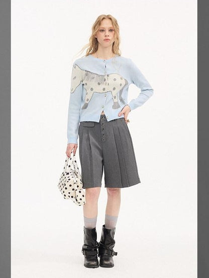DIDDI MODA Gray Pleated Straight Natural Waist Button Front Women&