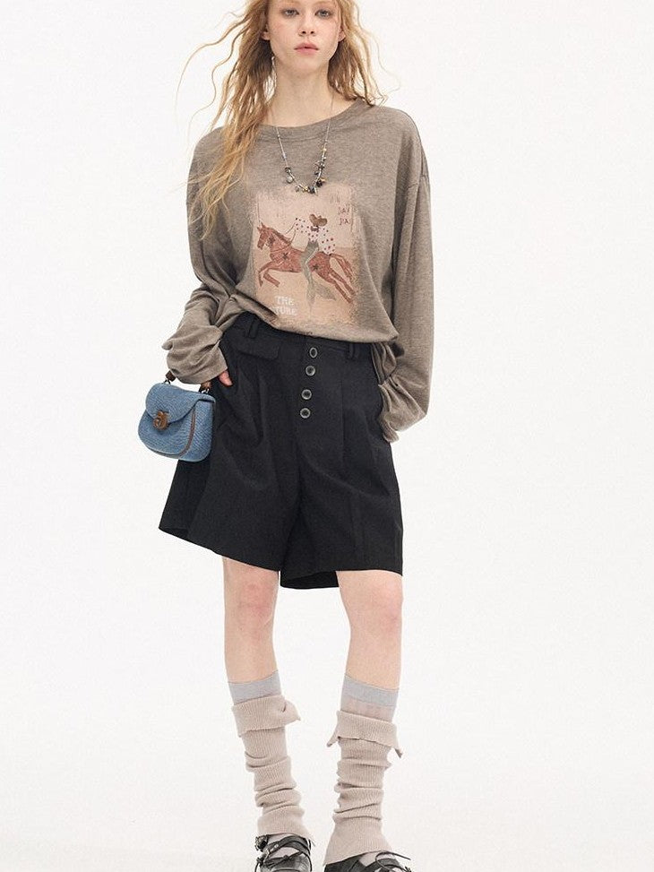 DIDDI MODA Gray Pleated Straight Natural Waist Button Front Women&
