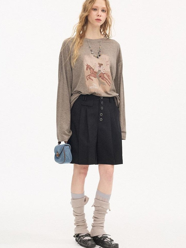 DIDDI MODA Gray Pleated Straight Natural Waist Button Front Women&
