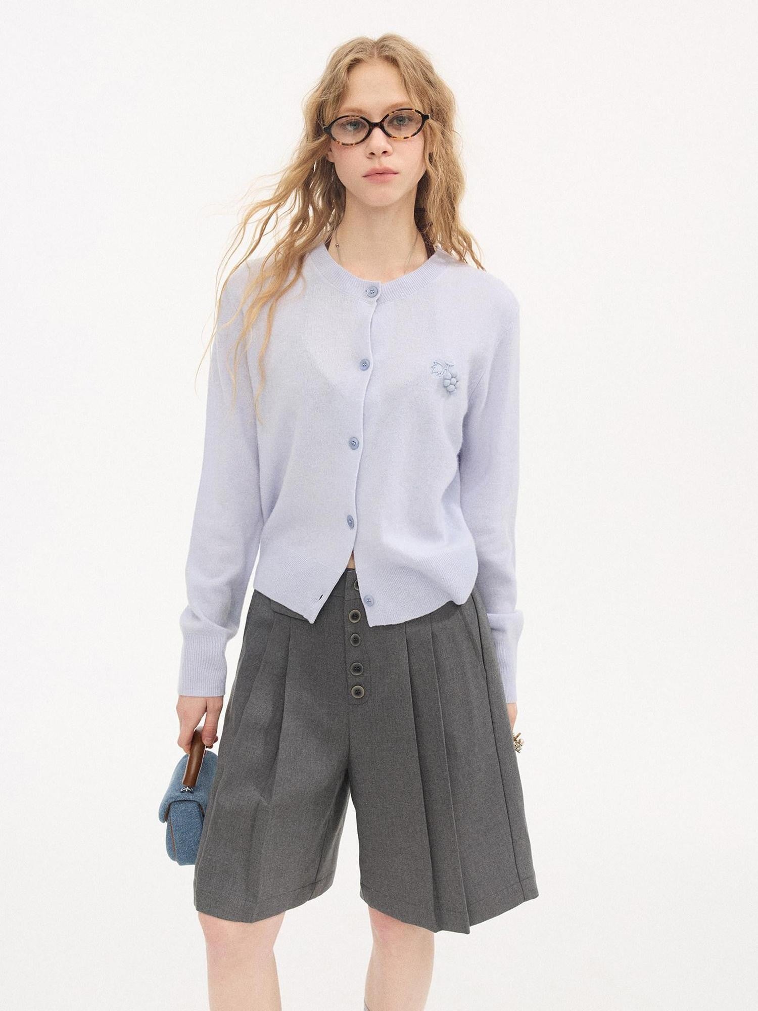 DIDDI MODA Gray Pleated Straight Natural Waist Button Front Women&
