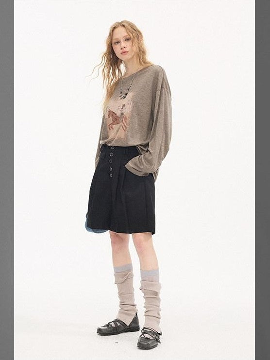 DIDDI MODA Gray Pleated Straight Natural Waist Button Front Women&