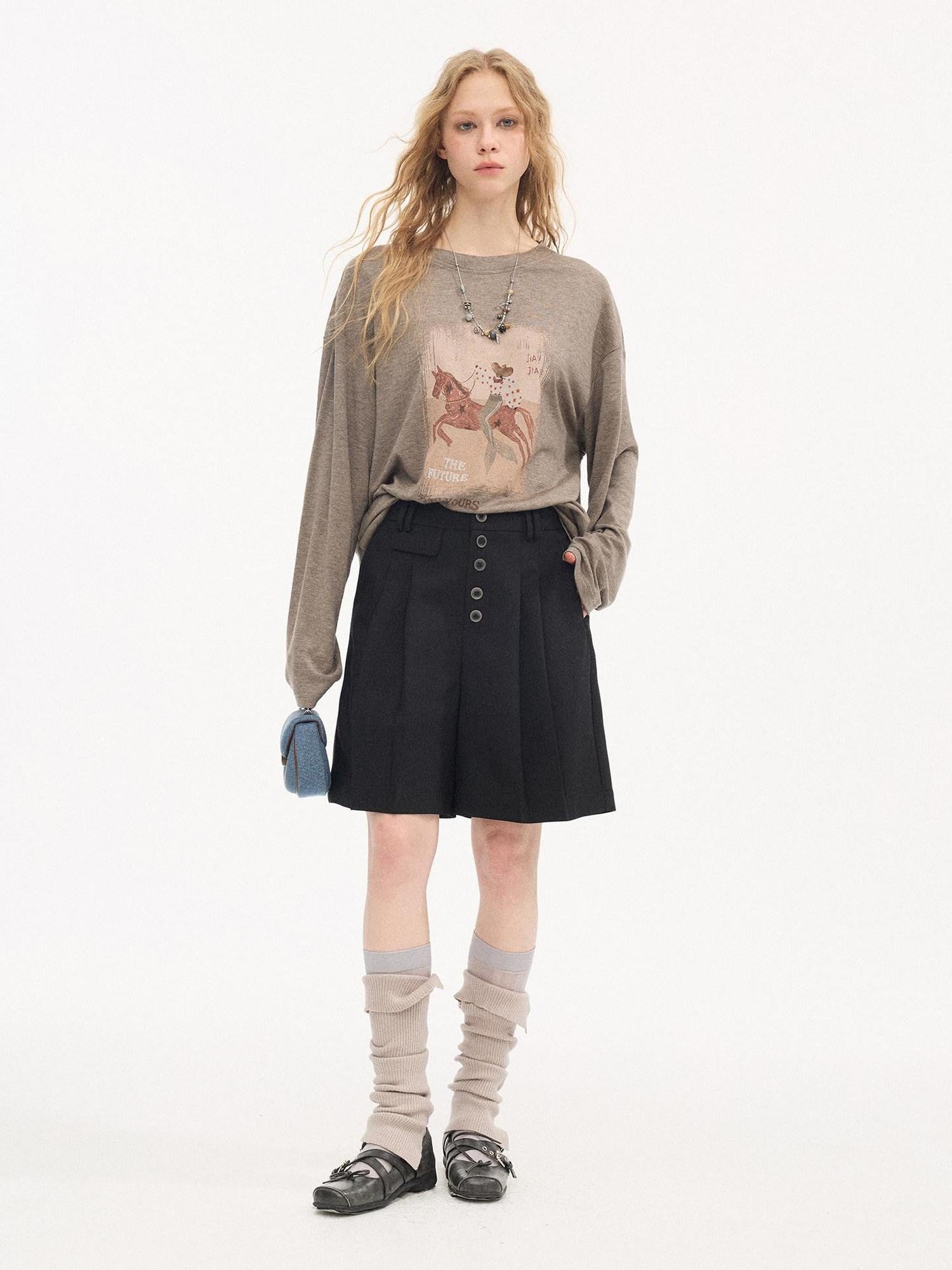 DIDDI MODA Gray Pleated Straight Natural Waist Button Front Women&