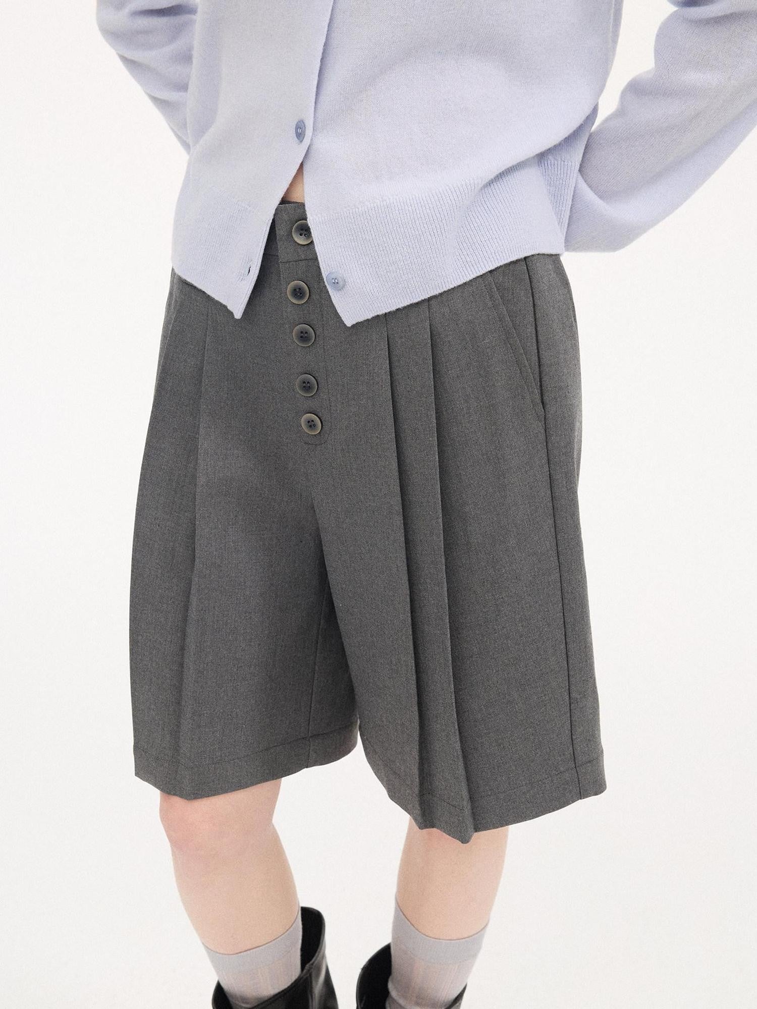DIDDI MODA Gray Pleated Straight Natural Waist Button Front Women&