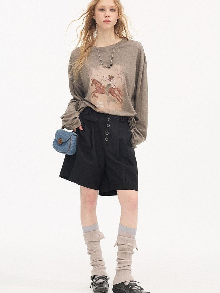 DIDDI MODA Gray Pleated Straight Natural Waist Button Front Women&