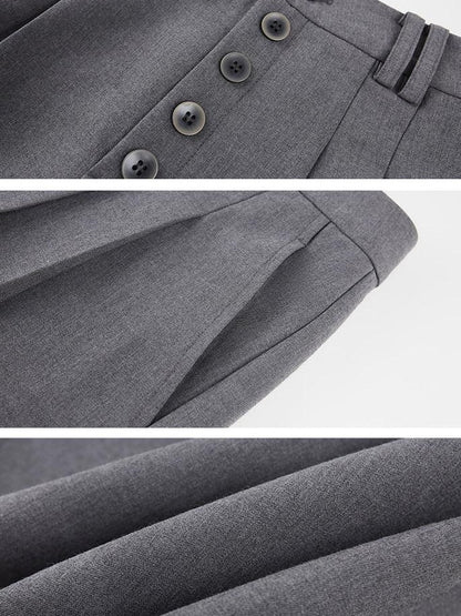 DIDDI MODA Gray Pleated Straight Natural Waist Button Front Women&