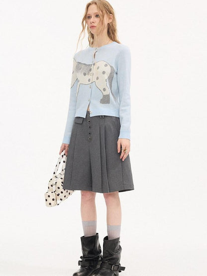 DIDDI MODA Gray Pleated Straight Natural Waist Button Front Women&
