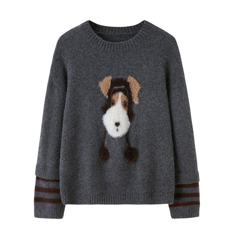 DIDDI_MODA_Gray_Puppy_And_Kissing_Bear_Square_Neck_Long_Sleeve_Loose_Women&