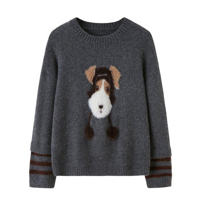 DIDDI_MODA_Gray_Puppy_And_Kissing_Bear_Square_Neck_Long_Sleeve_Loose_Women&