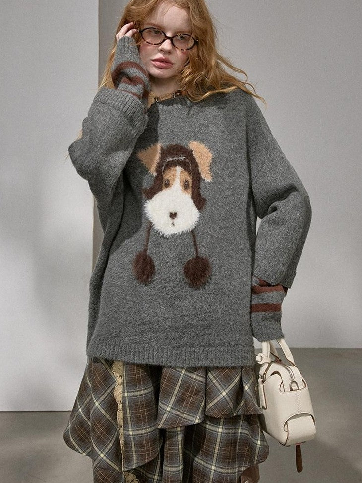 DIDDI MODA Gray Puppy And Kissing Bear Square Neck Long Sleeve Loose Women&