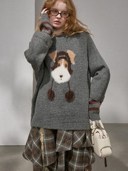 DIDDI MODA Gray Puppy And Kissing Bear Square Neck Long Sleeve Loose Women&