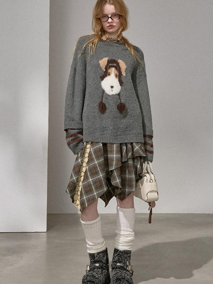 DIDDI MODA Gray Puppy And Kissing Bear Square Neck Long Sleeve Loose Women&