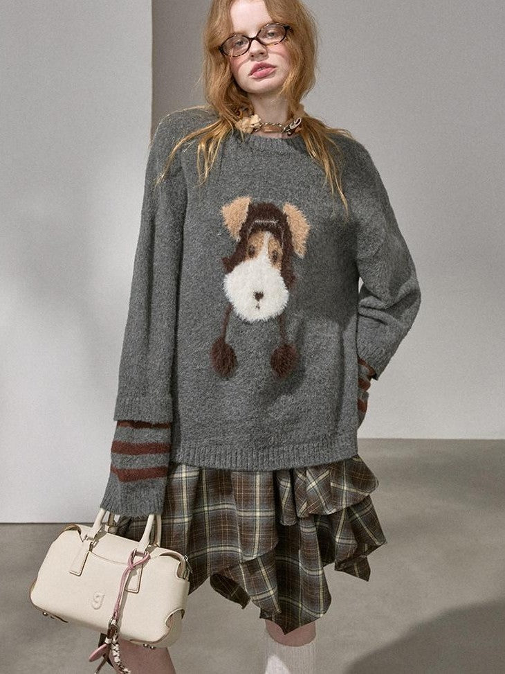 DIDDI MODA Gray Puppy And Kissing Bear Square Neck Long Sleeve Loose Women&