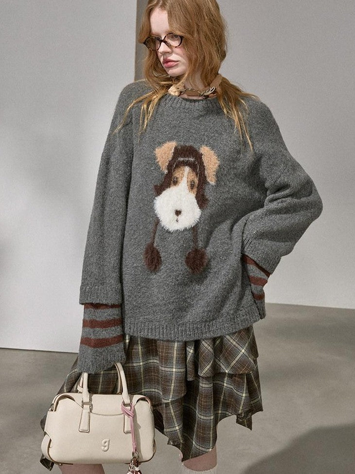 DIDDI MODA Gray Puppy And Kissing Bear Square Neck Long Sleeve Loose Women&