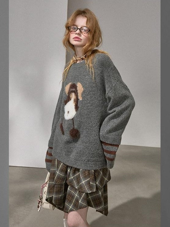 DIDDI MODA Gray Puppy And Kissing Bear Square Neck Long Sleeve Loose Women&