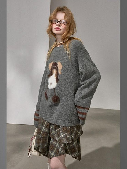 DIDDI MODA Gray Puppy And Kissing Bear Square Neck Long Sleeve Loose Women&