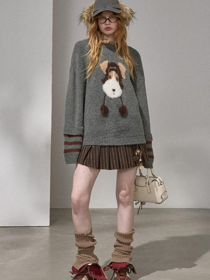 DIDDI MODA Gray Puppy And Kissing Bear Square Neck Long Sleeve Loose Women&
