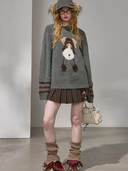 DIDDI MODA Gray Puppy And Kissing Bear Square Neck Long Sleeve Loose Women&
