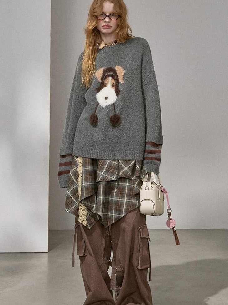 DIDDI MODA Gray Puppy And Kissing Bear Square Neck Long Sleeve Loose Women&