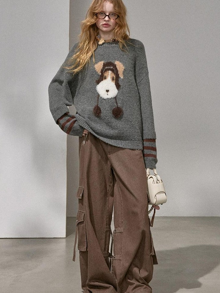 DIDDI MODA Gray Puppy And Kissing Bear Square Neck Long Sleeve Loose Women&