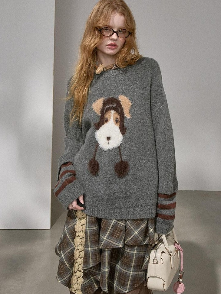 DIDDI MODA Gray Puppy And Kissing Bear Square Neck Long Sleeve Loose Women&