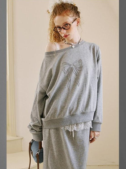 DIDDI MODA Grey Knit Lapel Bow Cardigan Women&