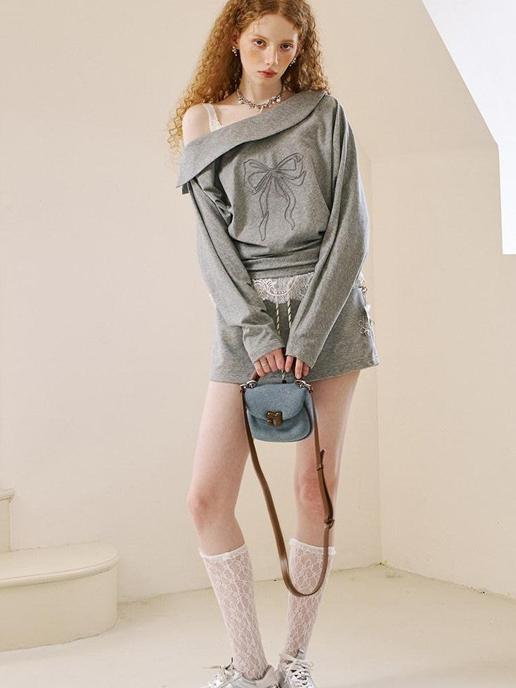 DIDDI MODA Grey Knit Lapel Bow Cardigan Women&