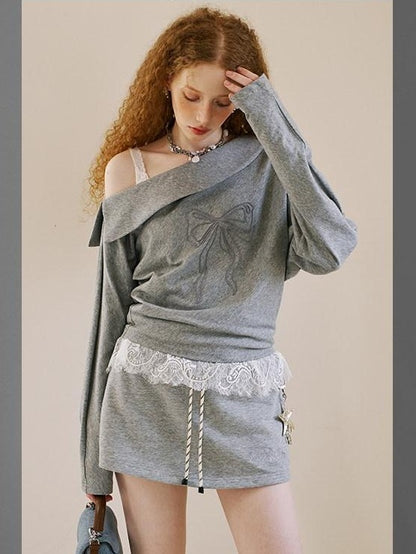 DIDDI MODA Grey Knit Lapel Bow Cardigan Women&