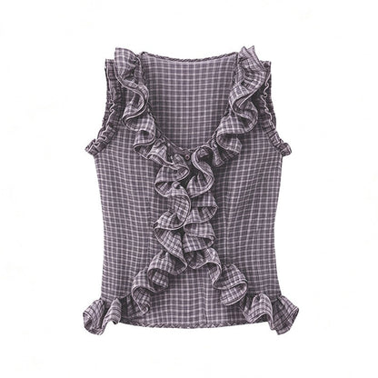 DIDDI_MODA_Grey_Purple_Plaid_3d_Lace_Trim_Slim_Waist_V-neck_Cropped_Women&