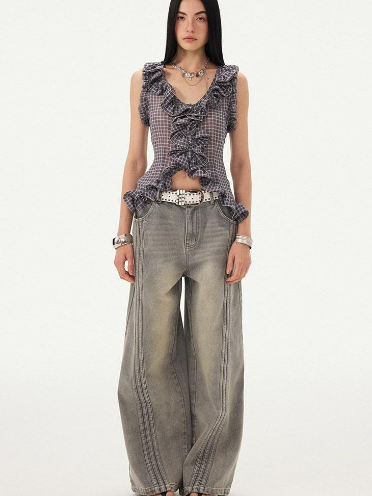 DIDDI MODA Grey Purple Plaid 3d Lace Trim Slim Waist V-neck Cropped Women&