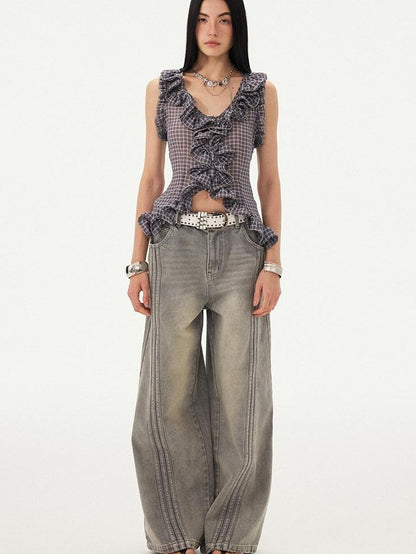 DIDDI MODA Grey Purple Plaid 3d Lace Trim Slim Waist V-neck Cropped Women&