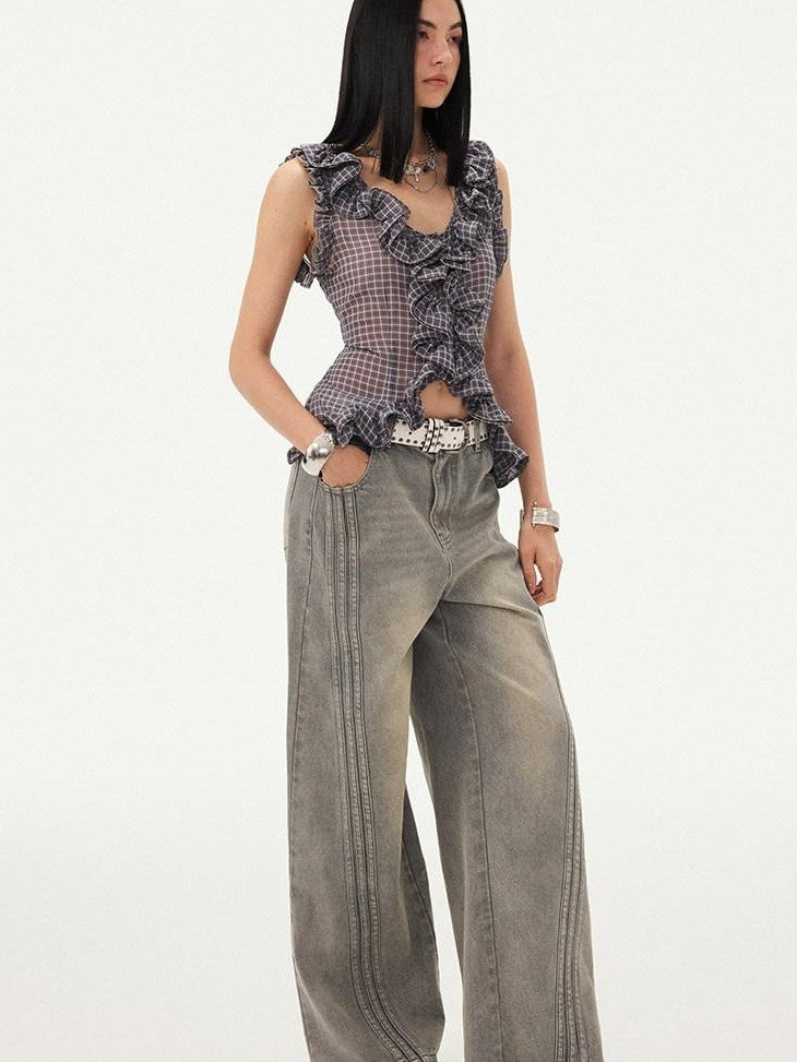 DIDDI MODA Grey Purple Plaid 3d Lace Trim Slim Waist V-neck Cropped Women&