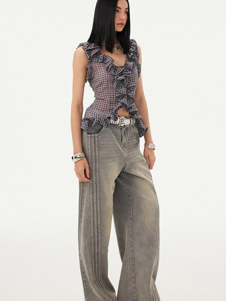 DIDDI MODA Grey Purple Plaid 3d Lace Trim Slim Waist V-neck Cropped Women&