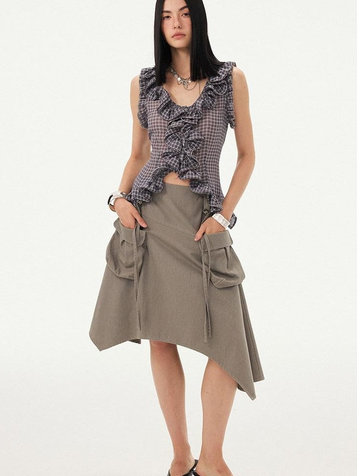 DIDDI MODA Grey Purple Plaid 3d Lace Trim Slim Waist V-neck Cropped Women&