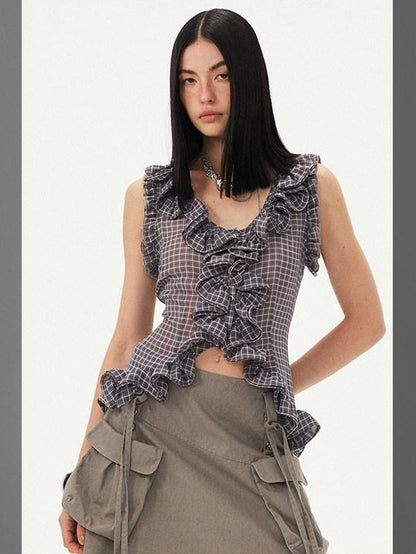 DIDDI MODA Grey Purple Plaid 3d Lace Trim Slim Waist V-neck Cropped Women&