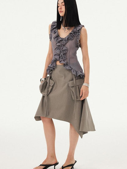 DIDDI MODA Grey Purple Plaid 3d Lace Trim Slim Waist V-neck Cropped Women&