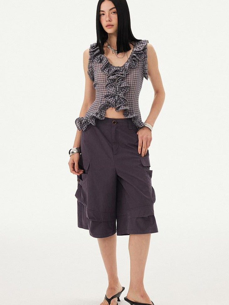 DIDDI MODA Grey Purple Plaid 3d Lace Trim Slim Waist V-neck Cropped Women&